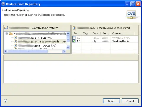 Eclipse Restore from Repository dialog (CVS)