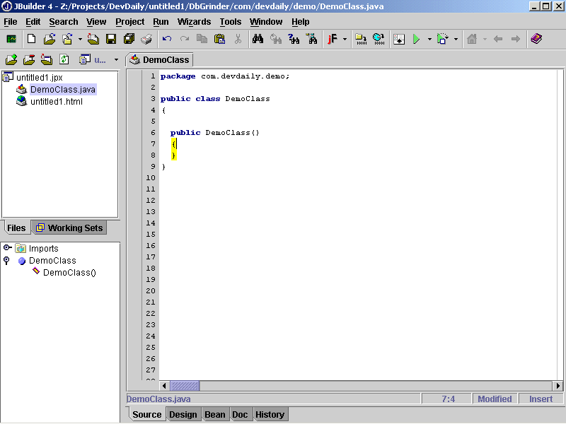 A view of the DemoClass before starting the Class Browser.
