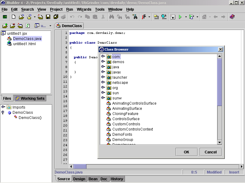 What the Class Browser looks like when it is started.