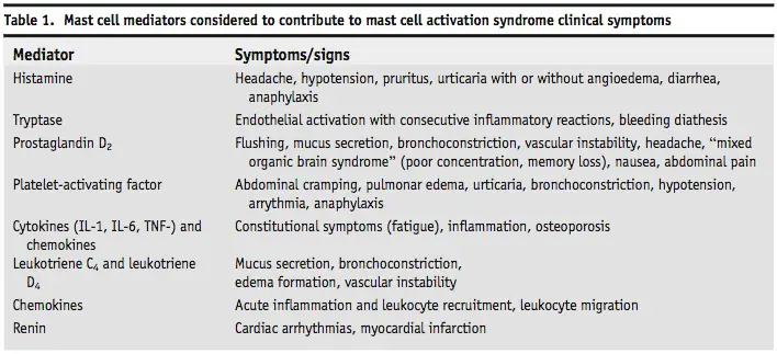 Mast cell mediators and their symptoms