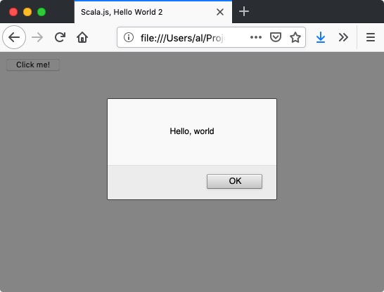 Scala.js - Hello, world button clicked, JavaScript alert window