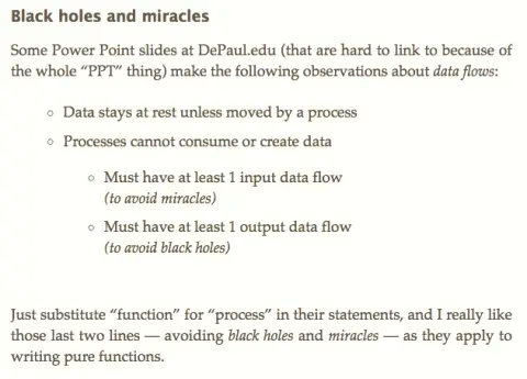 Pure functions, black holes, and miracles