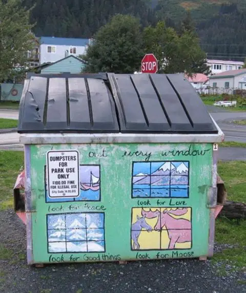 A garbage dumpster in Seward, Alaska