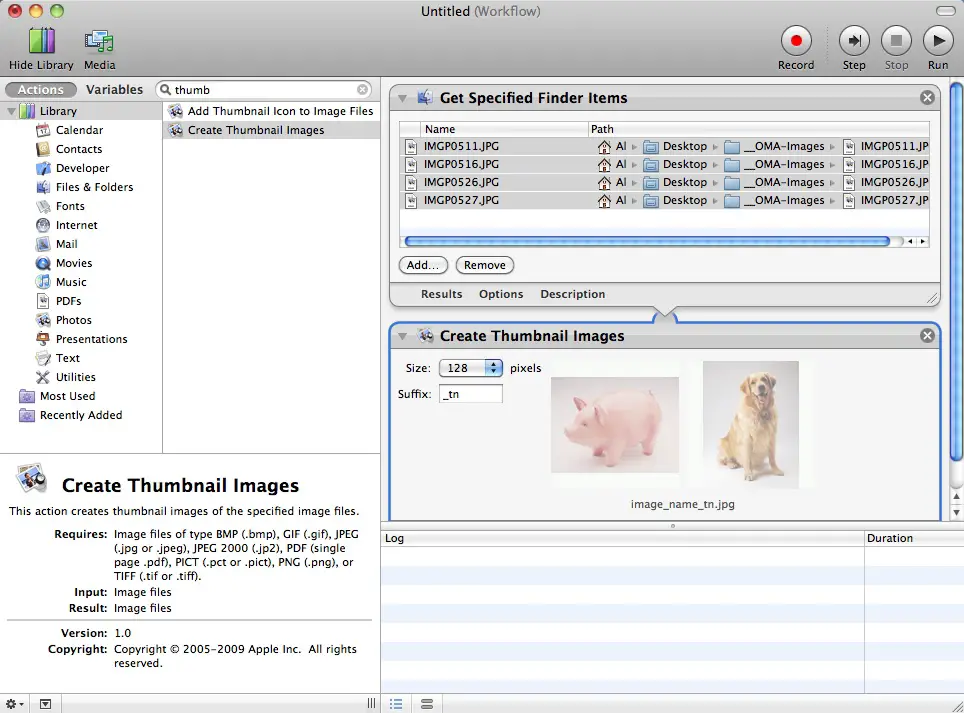 Mac Automator after 'create thumbnail' action is added