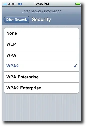 iPhone network security type (WPA, WPA2, etc.)