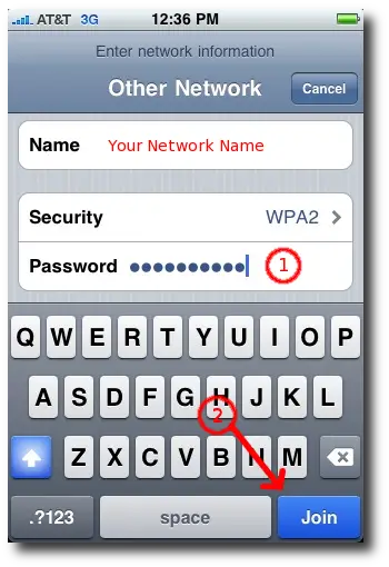 iPhone network setup - password, join