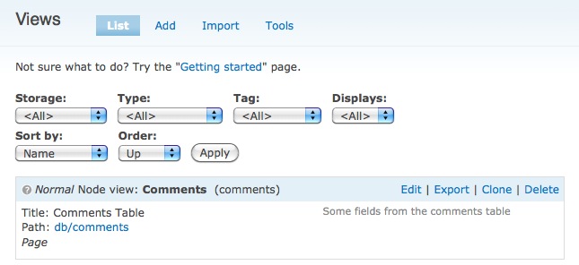 Your new Drupal view in the list of Drupal views