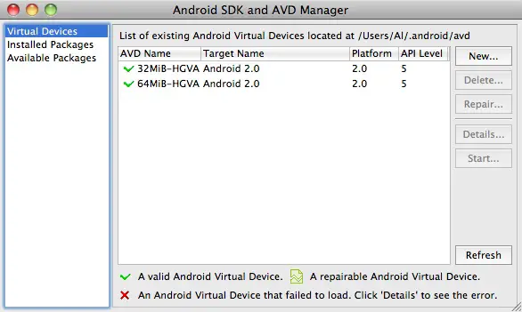 Eclipse Android - List AVD devices
