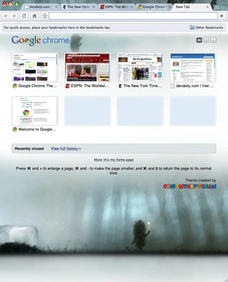 Google Chrome for Mac OS X - Chrome tab page