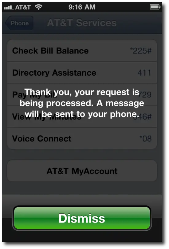 iPhone ATT check minutes used - system message