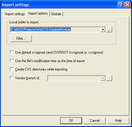 The Import Options tab of the WinCVS Import Settings dialog