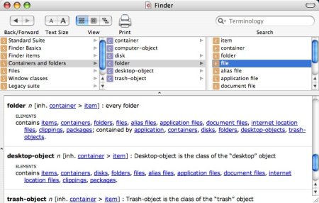 The ScriptEditor Dictionary for the Finder application.