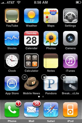 The appearance of the iPhone application icons when they are ready to be moved or deleted.