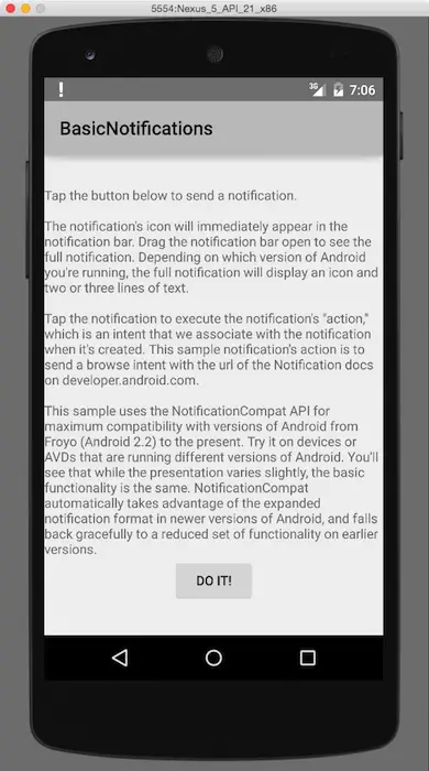 Android notifications example, in an Android emulator