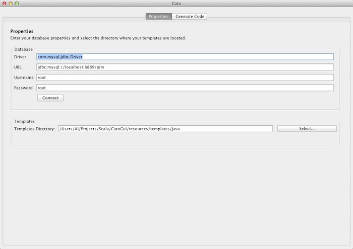 Cato's first panel - database properties and templates directory