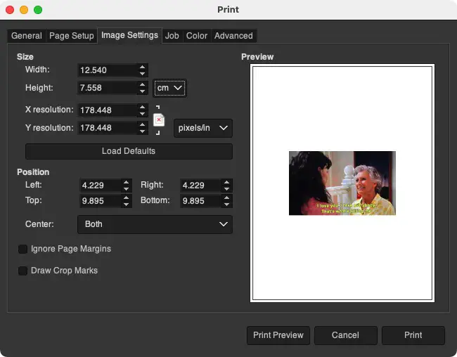 Gimp/macOS: Print an image in inches, centimeters, millimeters, picas, points