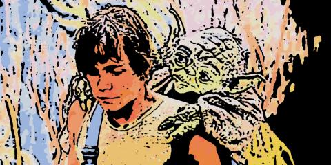 Cartoon of Yoda on Luke Skywalker's back