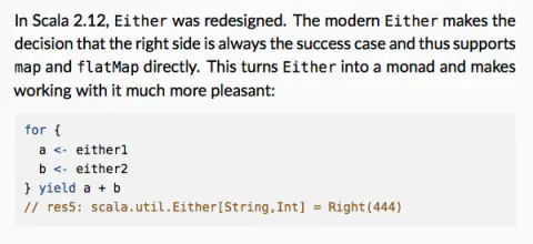 Scala 2.12: Either is biased, implements map and flatMap