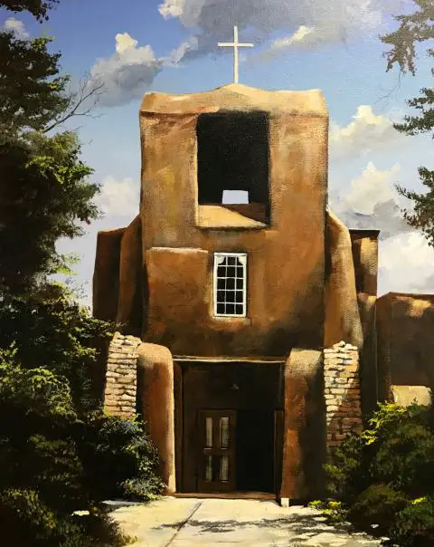Painting of a church, La Fonda hotel, Santa Fe, NM