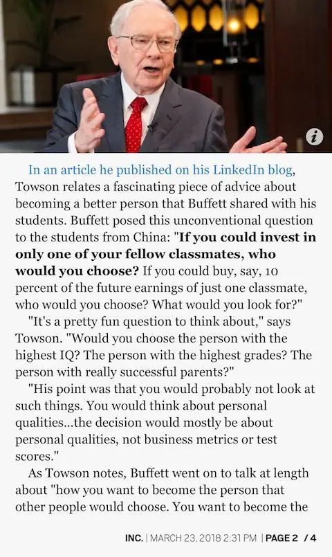 Warren Buffett: If you could invest in one classmate ...