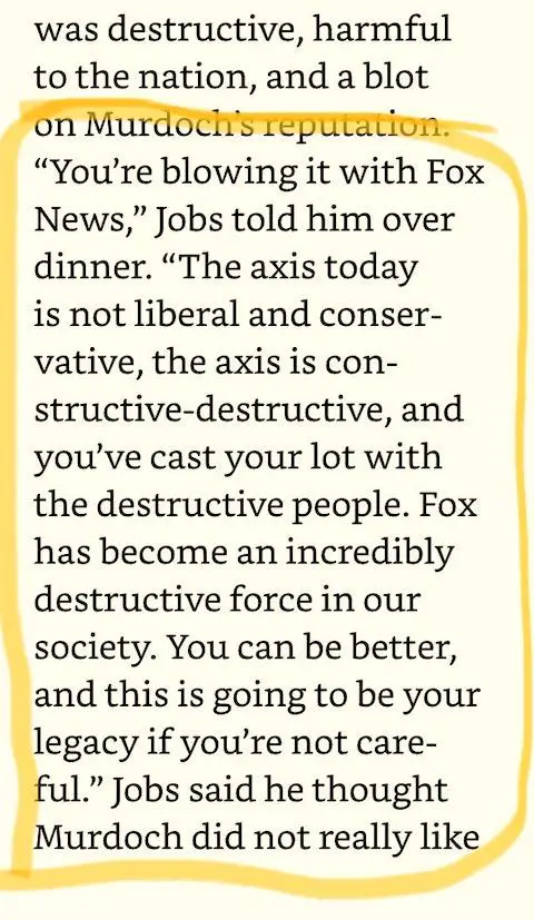 Steve Jobs: Fox News has become an incredibly destructive force in our society