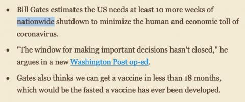 Bill Gates says the U.S. needs a nationwide coronavirus shutdown