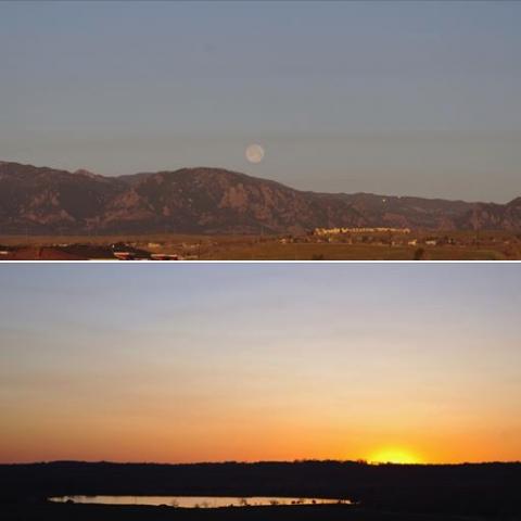 Moon setting in the west, Sun rising in the east