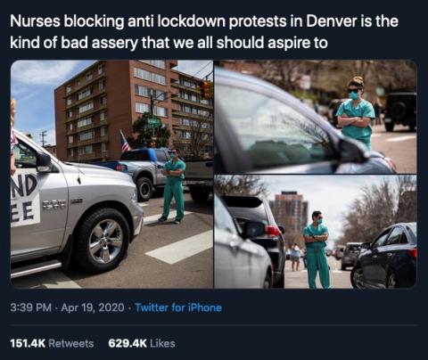 Nurses in Denver, Colorado, blocking anti-lockdown protests