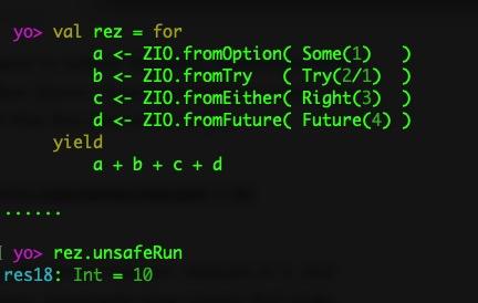 Ammonite REPL and ZIO, Option, Try, Either, Future in a Scala for-expression