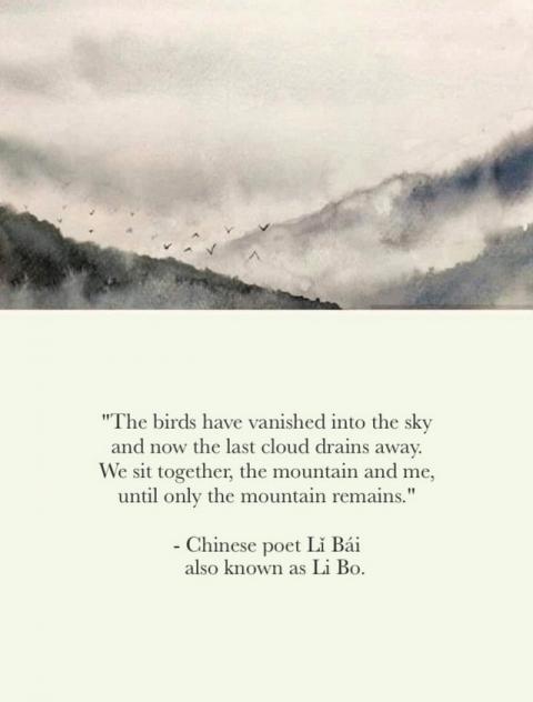 Zen poem: The birds have vanished into the sky, and now the last cloud drains away...