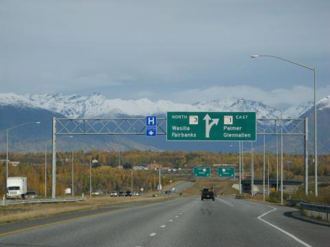 Highway traffic sign to Wasilla and Palmer, Alaska