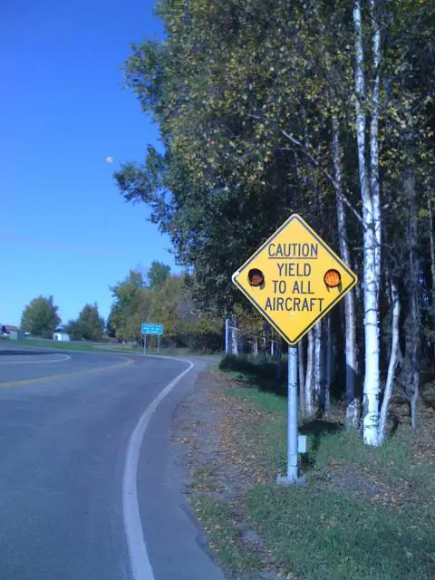 Yield to aircraft sign in Anchorage, Alaska