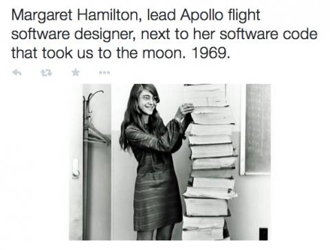 Margaret Hamilton, Apollo software designer, next to her code