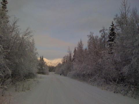 A snow covered road in Wasilla, Alaska