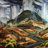 Painting of road, mountain, and rain, Santa Fe, New Mexico