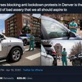 Nurses in Denver, Colorado, blocking anti-lockdown protests