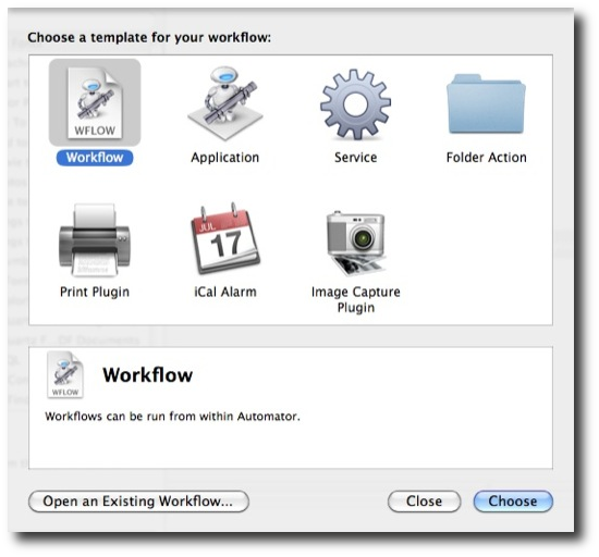 Mac Automator templates - choose Workflow template