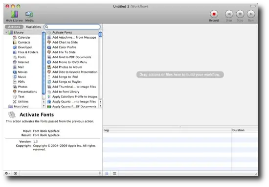 Initial Mac OS X Automator window