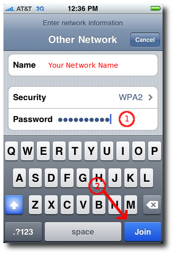 iPhone network setup - password, join