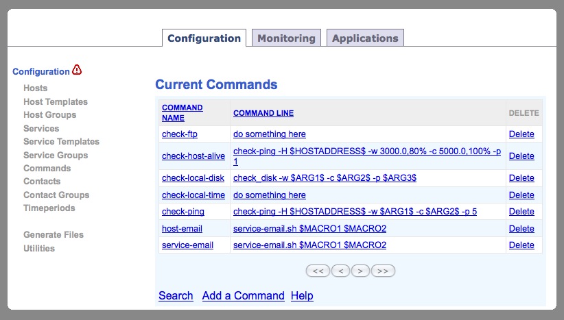 Nagios web interface - Nagios Commands user interface