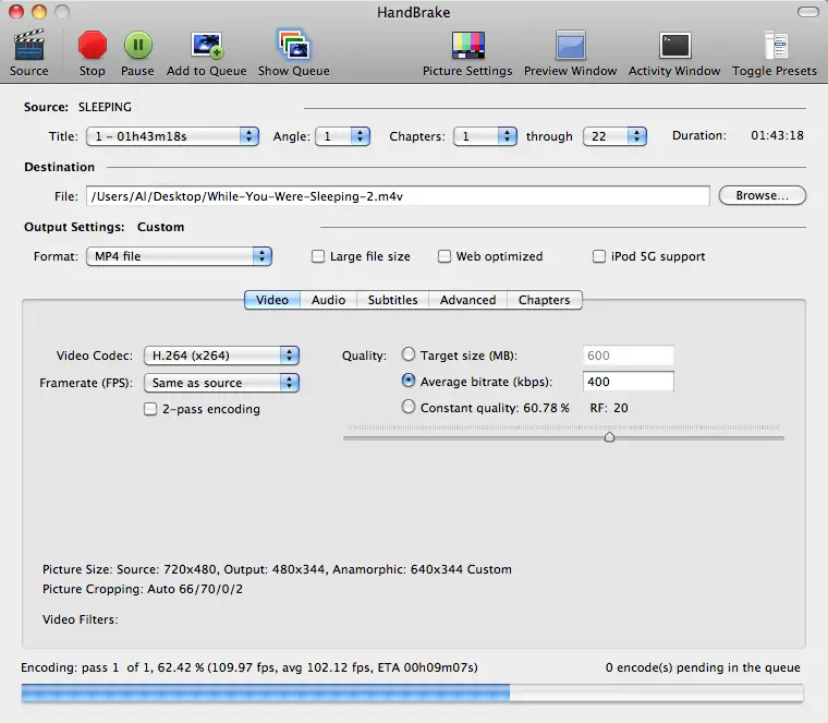 The HandBrake user interface - rip a DVD into a digital movie file for iPod, iPhone, iPad