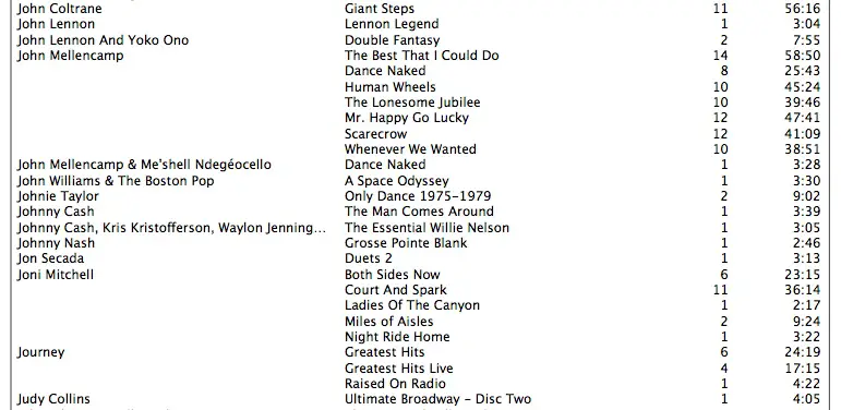 iTunes album list - Album names and artists
