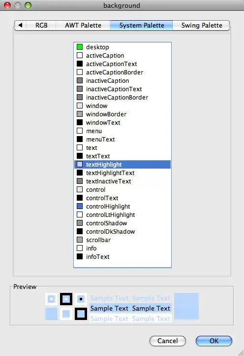 The JFormDesign System Palette (showing Java colors)
