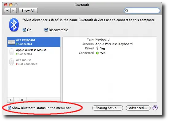Mac System Preferences - mouse and keyboard Bluetooth preferences