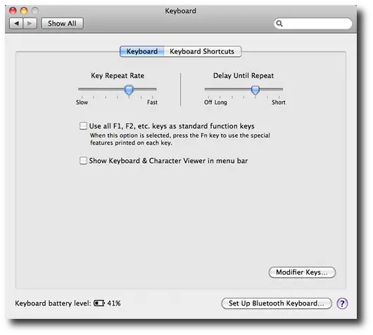 Mac OS X keyboard preferences - function key options