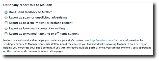 Mollom comment form spam feedback options