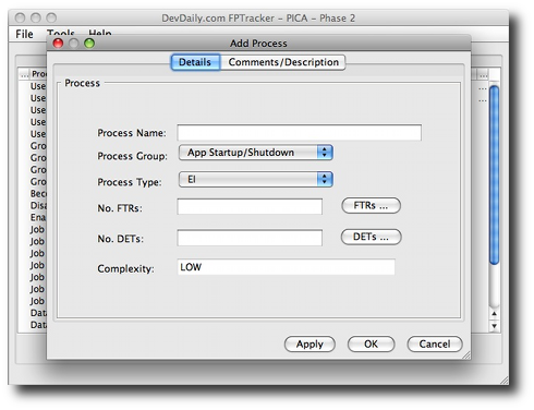 Java Mediator Pattern - the FPTracker Add Process dialog