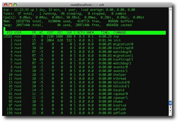 The Unix and Linux top command shows memory and cpu use