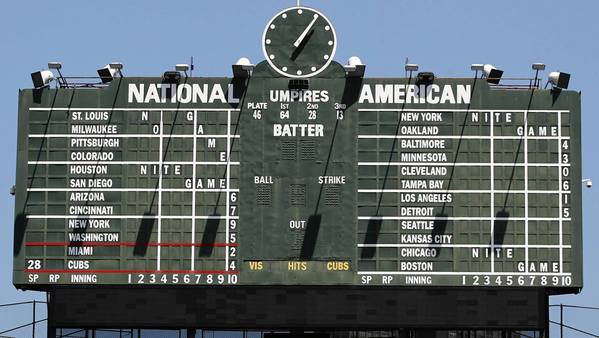 WRIGLEY FIELD SCOREBARD CLOCK IS CHICAGO CUBS GAME