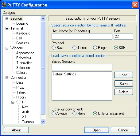Initial Putty session configuration window